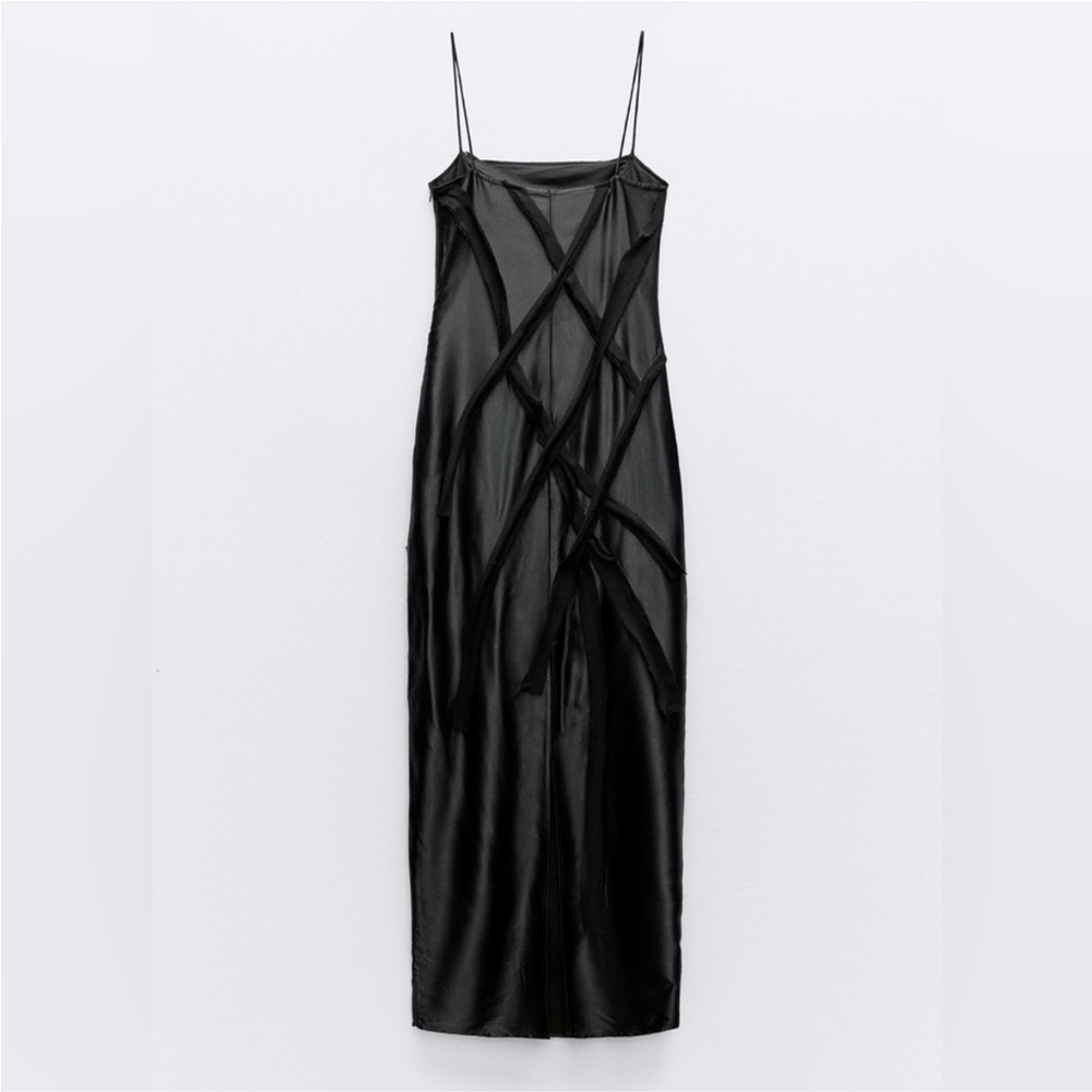 Zara NWT black satin & mesh floral appliqué slip maxi dress with spaghetti strap - Picture 12 of 12